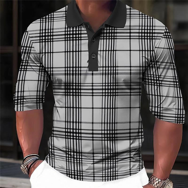 Men's Plaid Zip Polo Shirts Golf Shirt Long Sleeve Polo Shirts Collared Shirts Casual Vacation Wear Formal Wear Festival Wear 3D Print Quarter Zip Polo Spring & Summer White Green Khaki4