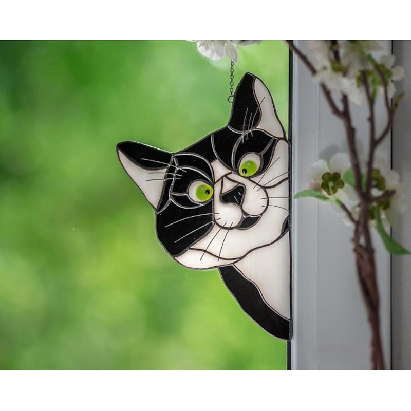 Cat Window Hangings, Handmade Stain Glass Cat Suncatcher, Stained Glass Cute Cat Window Hanger Peeking Sun Catcher Acrylic Cat Stained Glass Cat Window Hanger for Cat Lovers4