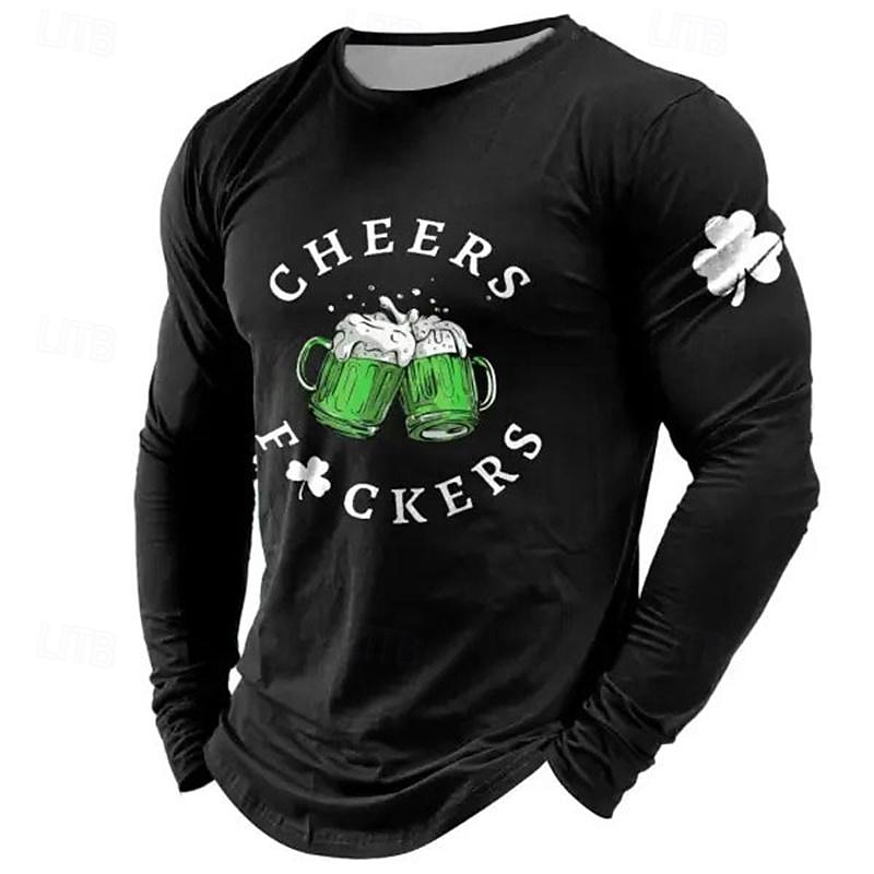 St. Patrick Men's Graphic Shamrock Beer Lucky Irish T Shirt T shirt Tee Long Sleeve T shirt 3D Print Crew Neck Shirt Fashion Designer Casual Sports Outdoor Holiday Going out Black Blue Green Spring4