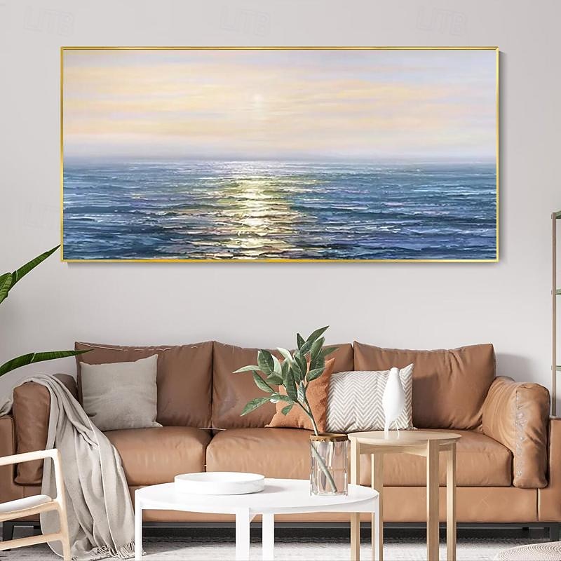Large Hand painted Sunset Seascape Oil Painting on Canvas Original Abstract Blue Sea Landscape Painting Textured Wall Art Living Room Home Decor No Frame4