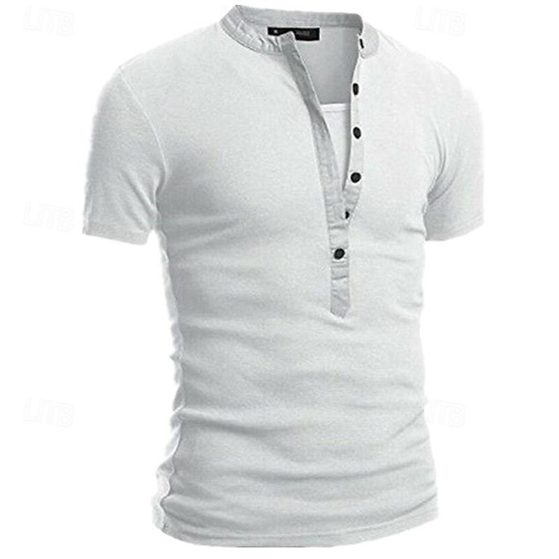 Men's Button T Shirt T Shirt Henley Shirt Tee Short Sleeve V Neck Spring & Summer Plain Fashion Designer Basic Vacation Street Going out Black White Navy Blue Top Tee for Men3