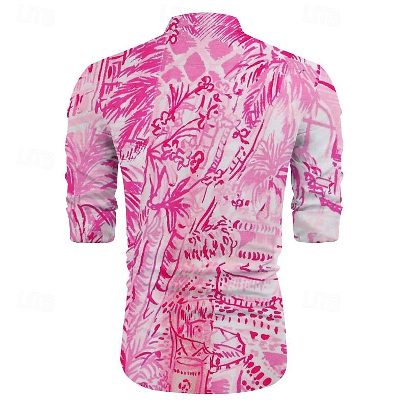 Men's Palm Tree Tropical Plants Summer Hawaiian Shirt Aloha Shirt Printed Shirts Long Sleeve Shirt Standing Collar Hawaiian Resort Outdoor Vacation Daily Wear Pink Blue Orange S M L2