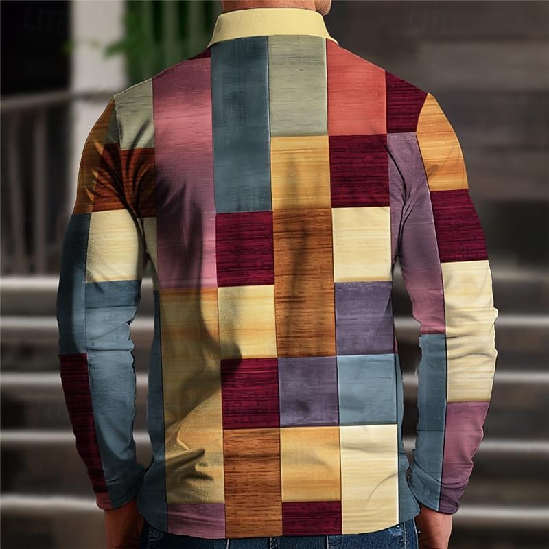 Men's Plaid Polo Shirts Golf Shirt Long Sleeve Polo Shirts Collared Shirts Vintage Casual Vacation Wear Formal Wear Festival Wear 3D Print Buttons Spring & Summer Yellow Pink Blue2