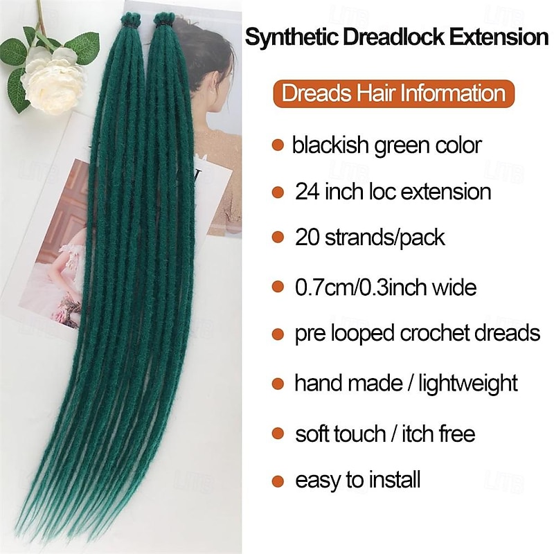 Dreadlock Extensions 24 Inch Green Single Ended Crochet Dreads Extensions 20 Strands SE Synthetic Dreadlocks Extension Straight Hippie Style Dreads for Women Men2