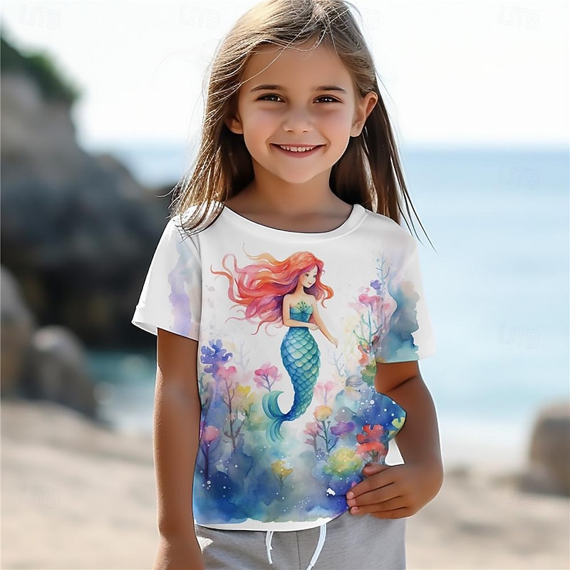Girls' 3D Mermaid Tee Shirts Short Sleeve 3D Print Summer Active Fashion Cute Kids 3-12 Years Crew Neck Outdoor Casual Daily Regular Fit3