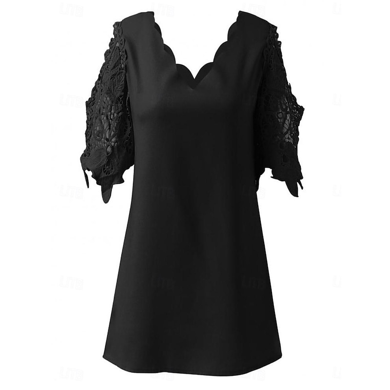 Women's Mini Dress Black Dress Lace Dress Casual Dress Cocktail Dress Vacation Streetwear Party Wedding Date Loose Fit 3/4 Length Sleeve V Neck Black Summer4