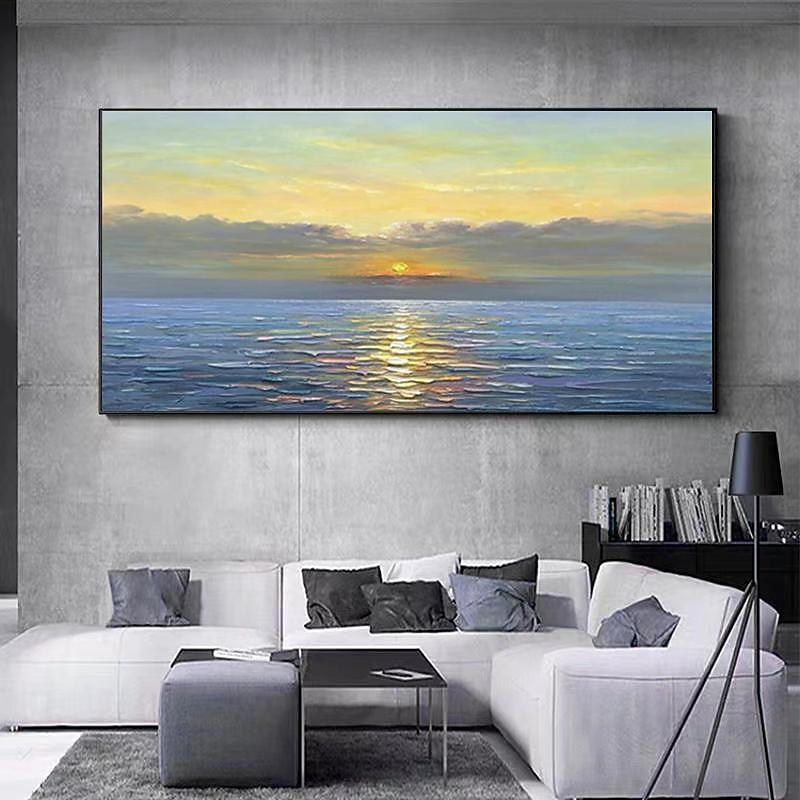 Large Hand painted Sunset Seascape Oil Painting on Canvas Original Abstract Blue Sea Landscape Painting Textured Wall Art Living Room Home Decor No Frame
