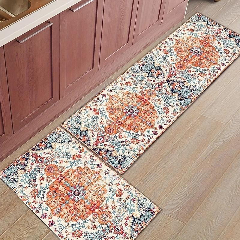 Vintage Boho Kitchen Floor Mat, Non-slip Oil-proof Floor Mat, Soft Rug, Floral Waterproof Kitchen Mat, Dirt-resistant Floor Mat, Machine Washable, Entrance Doormat, Kitchen Living Room Laundry Bathroo4