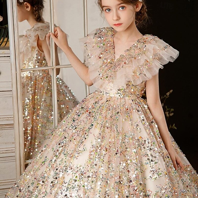 Kids Girls' Flower Girl Dress Party Dress Solid Color 3/4 Length Sleeve Performance Wedding Party Mesh Princess Sweet Mesh Mid-Calf Sheath Dress Tulle Dress Flower Girl's Dress Summer Spring Fall3