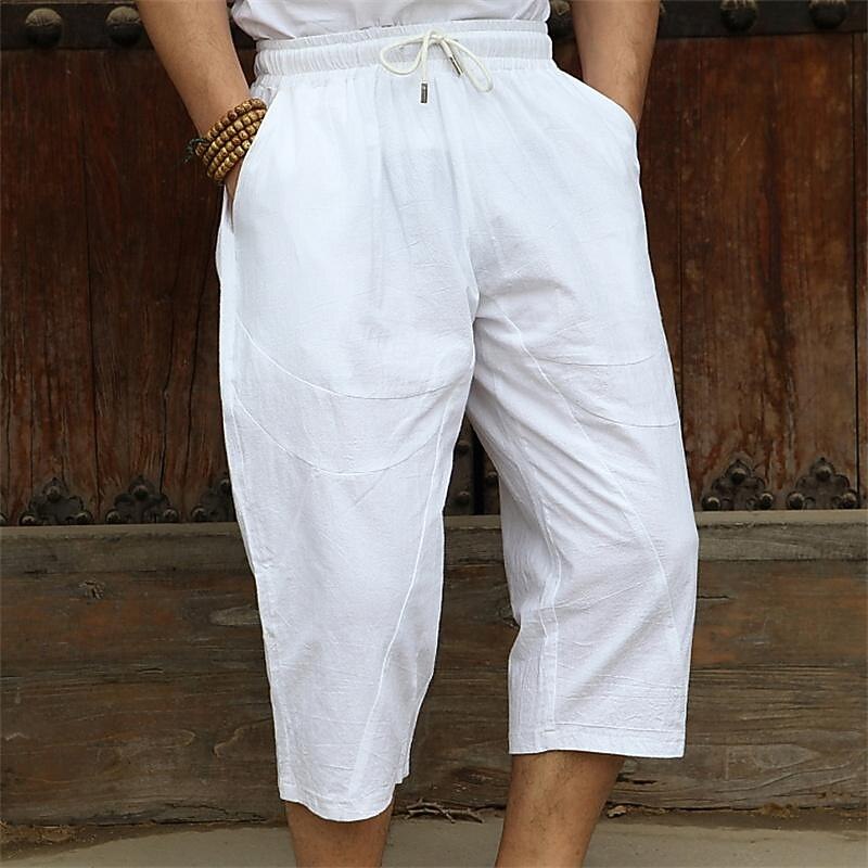 Men's Linen Pants Summer Pants Beach Pants Pocket Drawstring Elastic Waist Plain Comfort Breathable Calf-Length Vacation Daily Holiday Hawaiian Boho Black White
