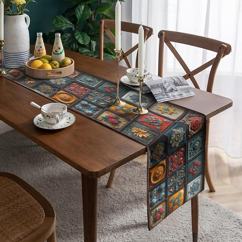 Geometric Print Table Runner, Kitchen Dining Table Decor, Print Decor Table Runners for Indoor Outdoor Home Farmhouse Holiday Wedding Birthday Party Decoration2