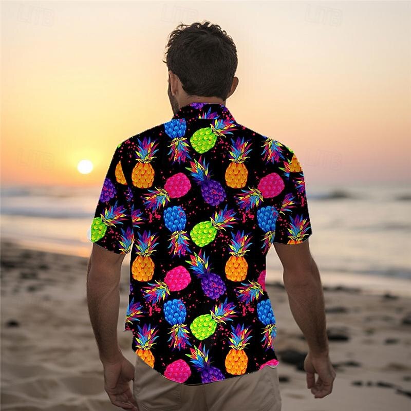 Men's Pineapple Shirt Summer Hawaiian Shirt Aloha Shirt Short Sleeve Shirt Turndown Vacation Hawaiian Outdoor Vacation Hawaiian Blue Purple Fuchsia S M L2