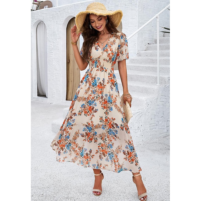 Women's Sheath Dress Chiffon Dress Sundress Floral Graphic Elastic Waist Print V Neck Cold Shoulder Long Dress Maxi Dress Elegant Tropical Party Date Short Sleeve Summer Spring 16