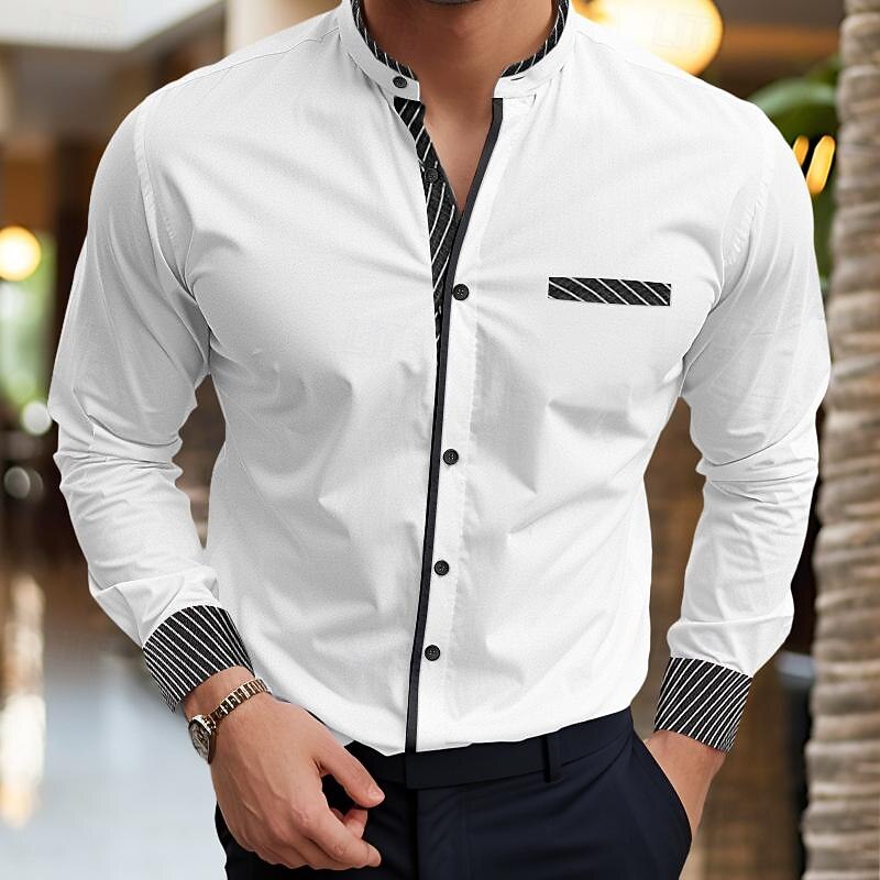 Men's Shirt Summer Shirt Dress Shirt Casual Shirt Band Collar Shirt Button Up Shirt White Burgundy Blue Long Sleeve Stripes Stand Collar Vacation Daily Splice Clothing Apparel Cotton Cotton Blend