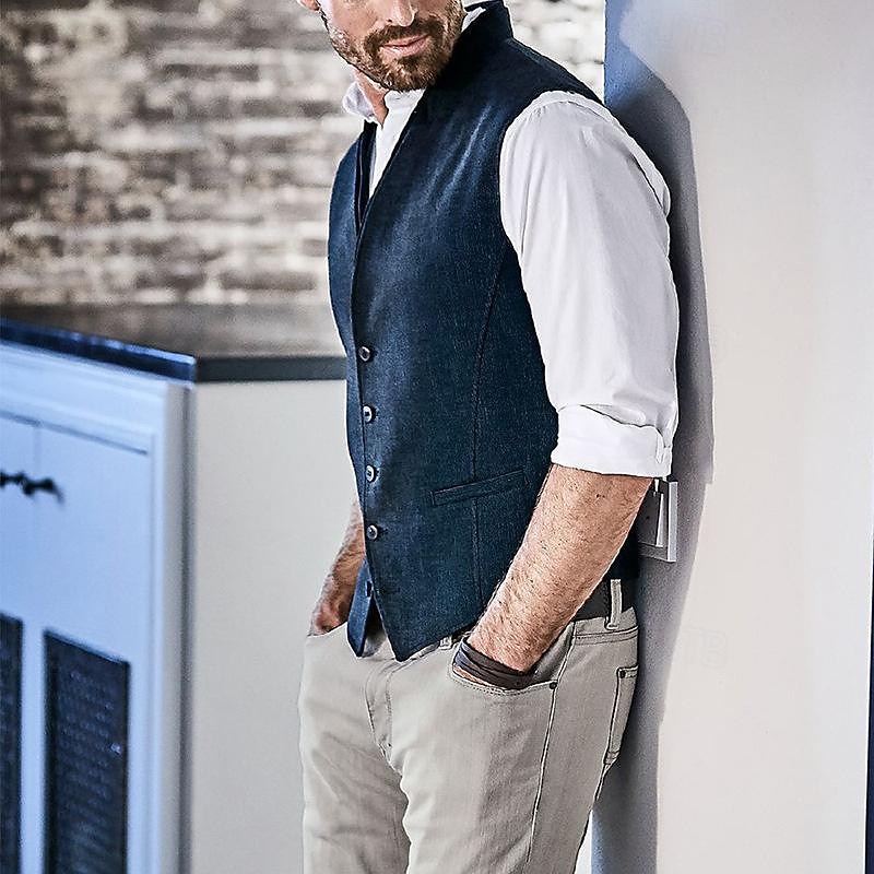 Men's Vest Gilet Wedding Event / Party Daily Fashion Business Spring & Summer Button Polyester Comfortable Plain Single Breasted One-button V Neck Regular Fit Navy Blue Vest3