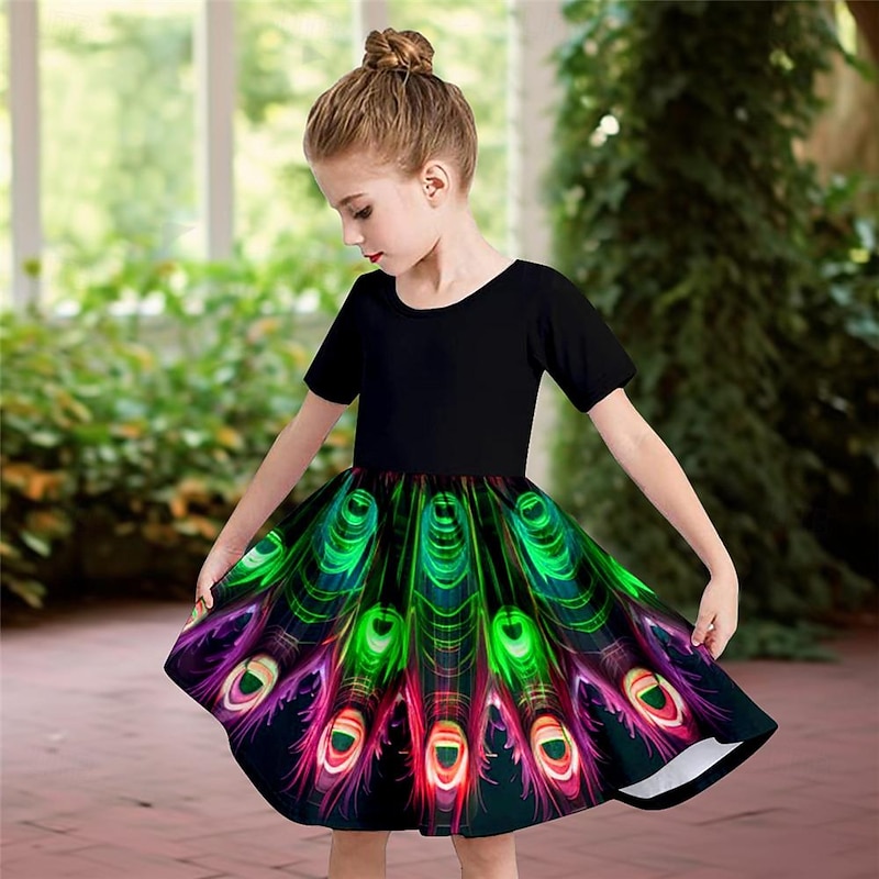 Girls' 3D Peacock Dress Short Sleeve 3D Print Summer Daily Holiday Casual Beautiful Kids 3-12 Years Casual Dress Skater Dress Above Knee Regular Fit4