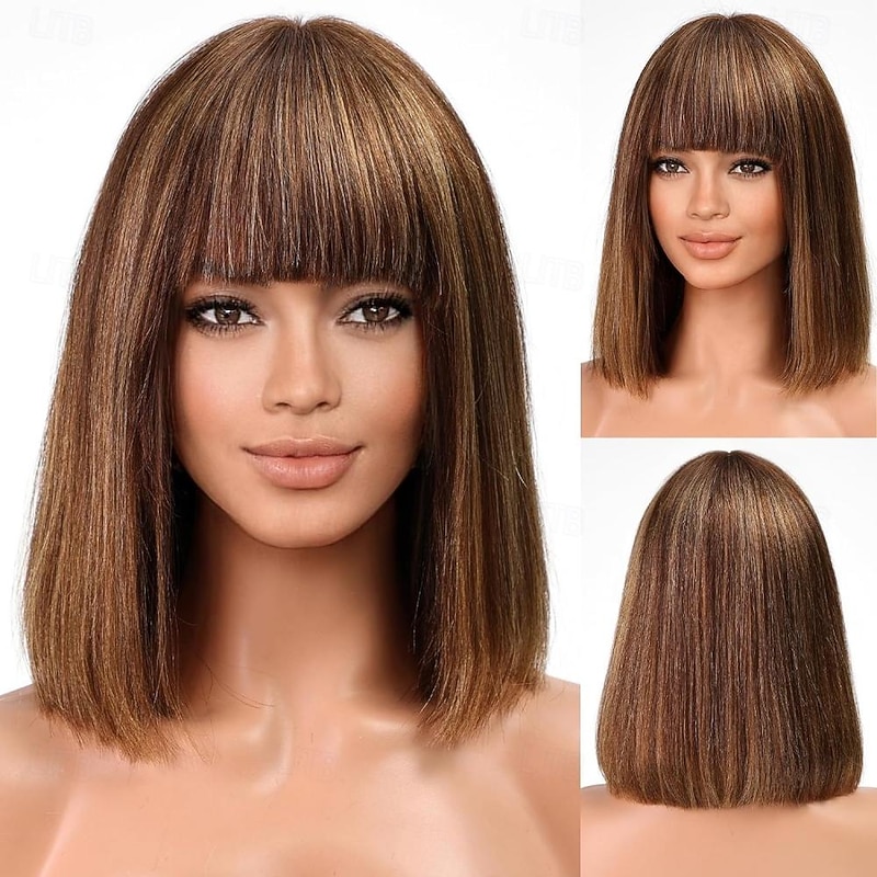 Highlight Bob Wig With Bangs Short Straight Human Hair Full Machine Made Hair Bob Wigs Ombre None Lace Front Wig For Black Women 12INCH2