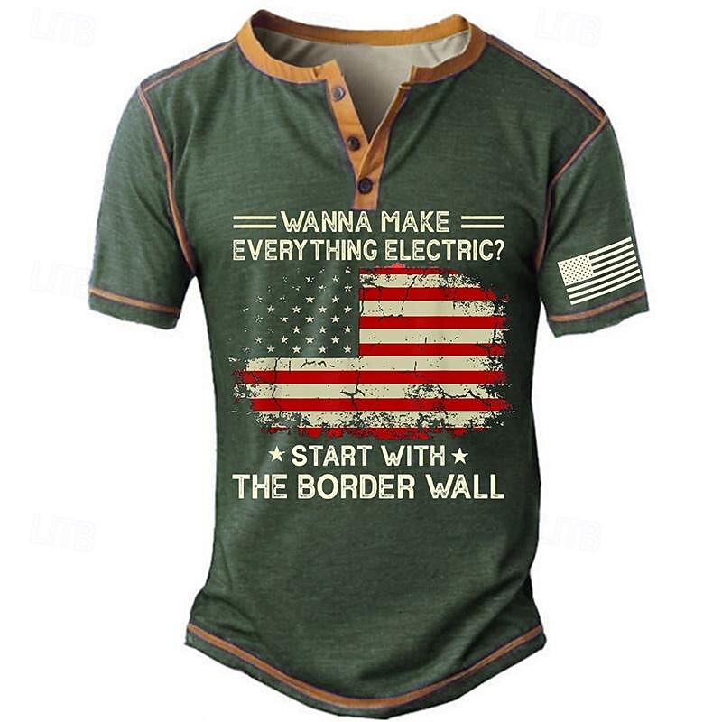 Men's Short Sleeve Henley T-Shirt with American Flag Graphic and Political Humor Print, Vintage Distressed Design4