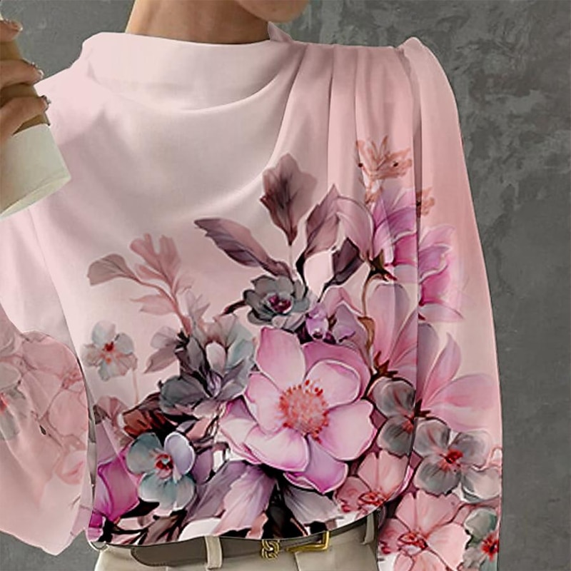 Women's Blouse Long Sleeve Fashion Floral Print Regular Tops Crew Neck Work White Pink Blue Green Spring &  Fall3
