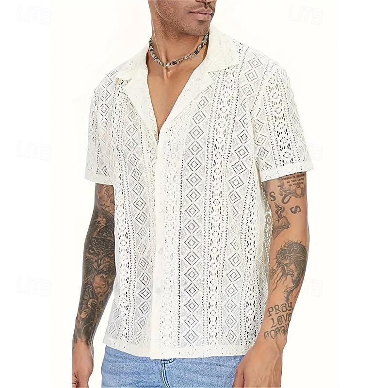 Men's Summer Shirt Casual Shirt Button Up Shirt Black White Short Sleeve Plain Argyle Camp Collar Vacation Holiday Lace Clothing Apparel Polyester Fashion Casual Comfortable2