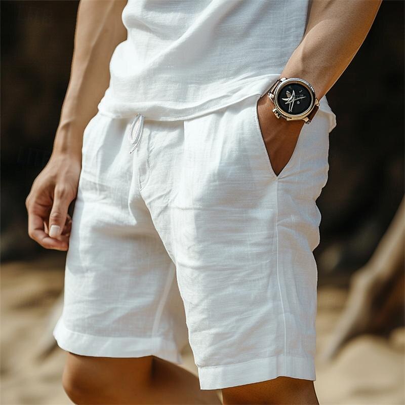 Men's Shorts Linen Shorts Summer Shorts Drawstring Pocket Elastic Waist Plain Comfort Breathable Short Casual Daily Holiday Fashion Classic Style Black White2