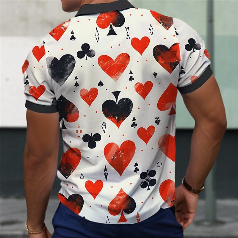Heart Poker Men's Fashion Casual 3D Print Polo Shirt Zip Polo Outdoor Street Daily Wear Pique Polo Shirt Short Sleeve Turndown Zip Polo Shirts Red Orange Summer S M L Micro-elastic Lapel Polo2