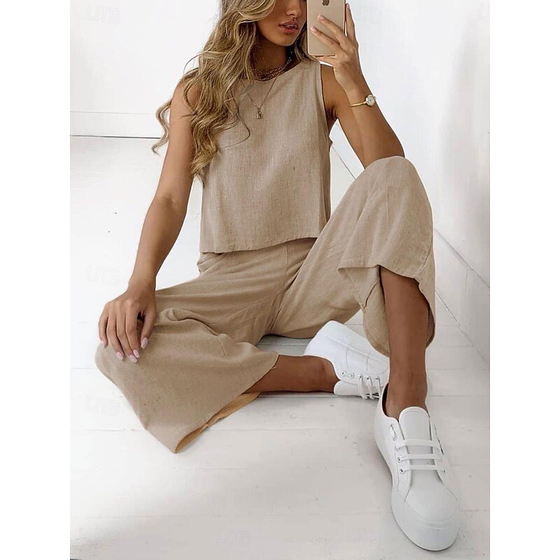Women's Pajamas Loungewear Two Piece Sets Casual Pure Color Cotton Linen Sets Pant Home Sleeveless Crew Neck Black White Brown Khaki Light Grey Summer Spring