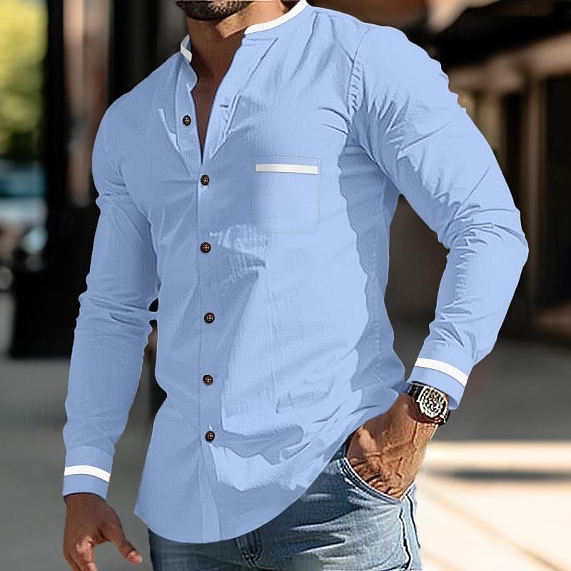 Men's Shirt Band Collar Shirt Summer Shirt Dress Shirt Button Up Shirt White Dark Blue Gray Light Blue Long Sleeve Color Block Stand Collar Daily Vacation Front Pocket Clothing Apparel Cotton Cotton3