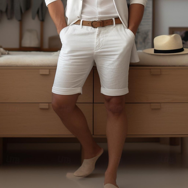 40% Linen Men's Shorts Linen Shorts Summer Shorts Button Up Pocket Plain Breathable Comfortable Short Daily Vacation Going out Classic Casual White Navy Blue3