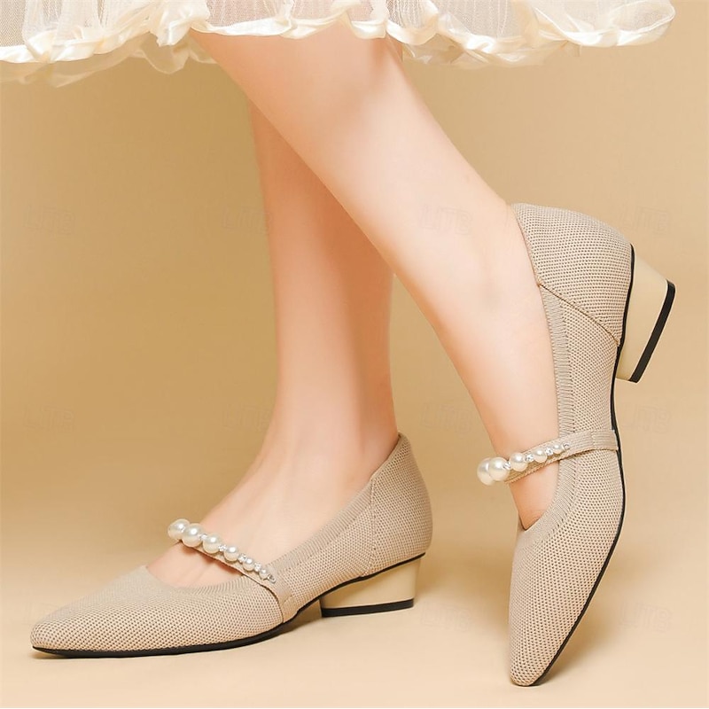 Women's Heels Plus Size Flyknit Shoes Soft Shoes Wedding Office Work Rhinestone Imitation Pearl Chunky Heel Pointed Toe Fashion Classic Comfort Walking Knit Loafer Black Red Blue2