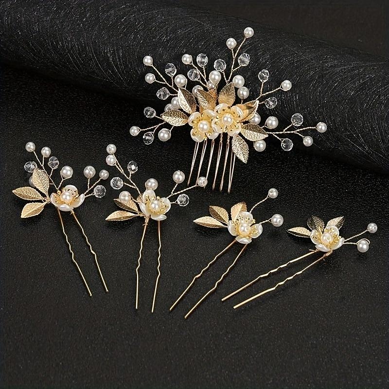 5pcs Golden Leaf Hairpin Flower Pearl Bridal Hair Fork Headwear Vintage Wedding Women's Elegant Decoration Hair Accessories3