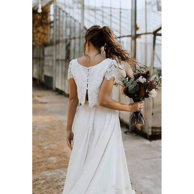 Beach Wedding Little White Dresses Wedding Dresses Two Piece Boat Neck Cap Sleeve Asymmetrical Lace Bridal Suits Bridal Gowns With Solid Color2