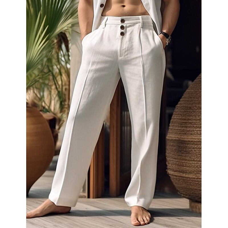 40% Linen Men's Linen Pants Trousers Summer Pants Buttons Pocket Straight Leg Plain Breathable Comfortable Vacation Office / Career Daily Classic Casual Black White3