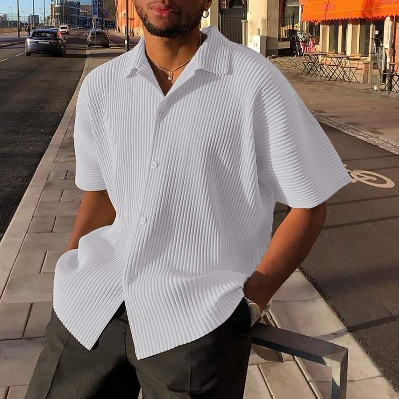 Men's Summer Shirt Casual Shirt Beach Shirt Button Up Shirt White Short Sleeve Plain Vertical Stripes Lapel Vacation Holiday Button-Down Clothing Apparel Polyester Fashion Casual Comfortable