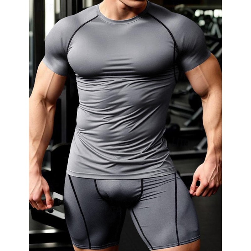 Men's Compression Tops Shorts and T Shirt Set Sports T-Shirt Crew Neck Short Sleeve Outdoor Daily Running Gym Fast Dry Breathable 2 Piece Plain Black White Activewear Sport Casual