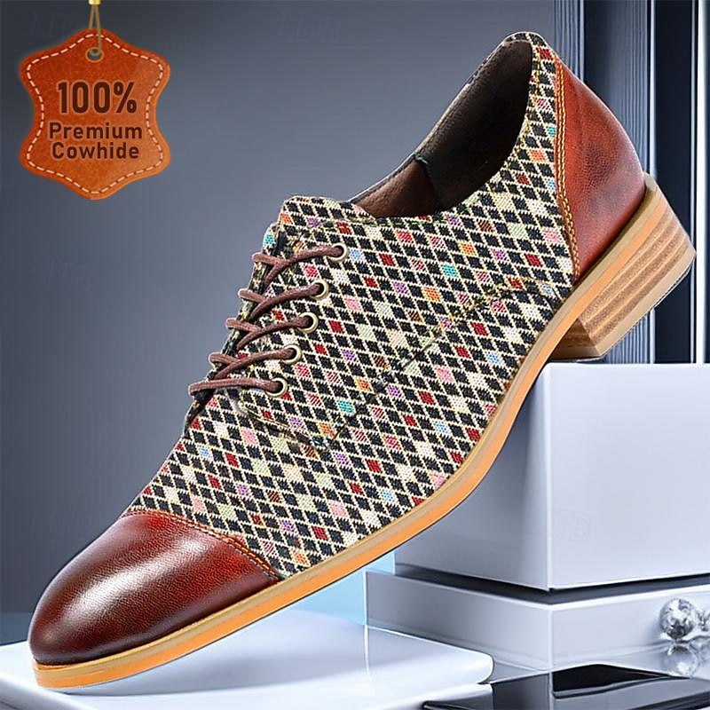 Men's Premium Cowhide Leather Lace-Up Oxford Shoes – Vintage Diamond Patterned Design with Brown Leather Accents, Ideal for Formal and Casual Occasions