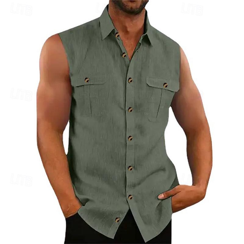 Men's Shirt Summer Shirt Casual Shirt Beach Shirt Button Up Shirt Black Blue Purple Green Sleeveless Plain Lapel Vacation Hawaiian Pocket Clothing Apparel Cotton Polyester Fashion Casual Comfortable4