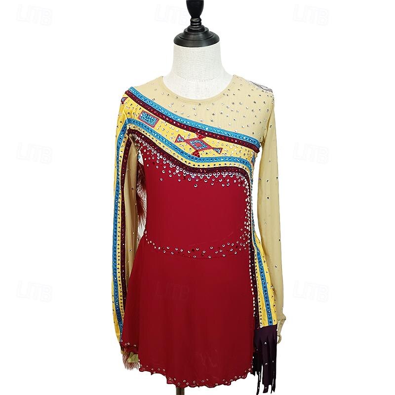 Figure Skating Dress Women's Girls' Ice Skating Dress Red Yellow Patchwork Thumbhole Mesh Spandex Stretchy Training Practice Professional Skating Wear Crystal / Rhinestone Long Sleeve Ice Skating