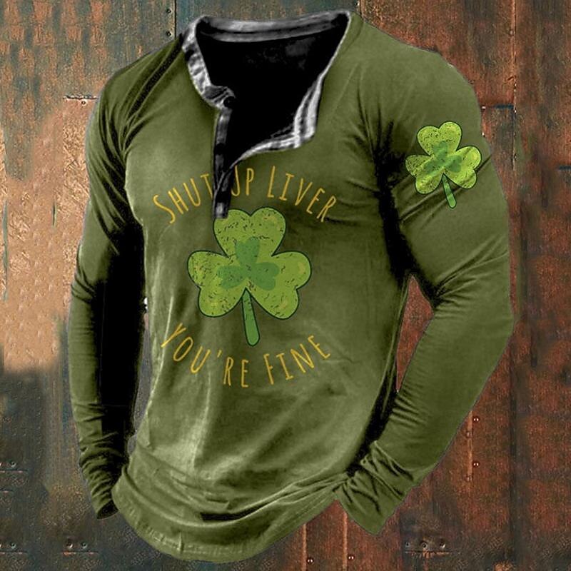 Men's St. Patrick Shamrock Henley Shirt T shirt Tee Tee Top Long Sleeve 3D Print Fashion Designer Basic Vacation St.Patrick's Day Street Spring &  Fall Black Green Army Green Henley Henley T-Shirt2