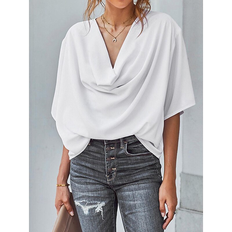 Shirt Blouse Women's Black White Wine Solid Color Ruched Street Daily Fashion V Neck S