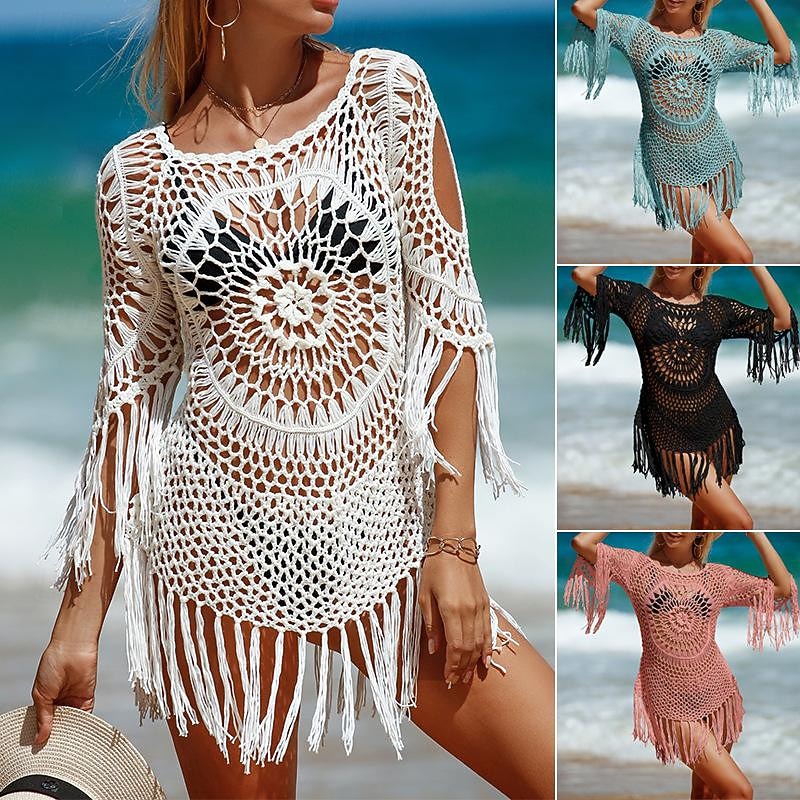 Women's Summer Beach Dress Tassel Cut Out Beach Wear Holiday Sleeveless Black White Pink Color2