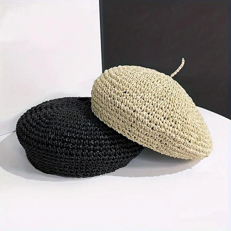 Straw Crochet Thin Beret Hats Solid Color Casual Painter Cap Lightweight Breathable Berets For Women Girls Spring & Summer2