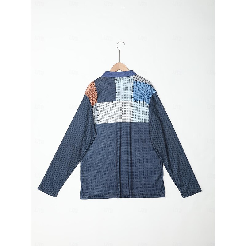 Men's Color Block Waffle Polo Shirts Golf Polos Shirts Long Sleeve Polo Shirts Turndown Zip Vintage Outdoor Casual Daily Streetwear 3D Print Fall & Winter Black Blue Brown3