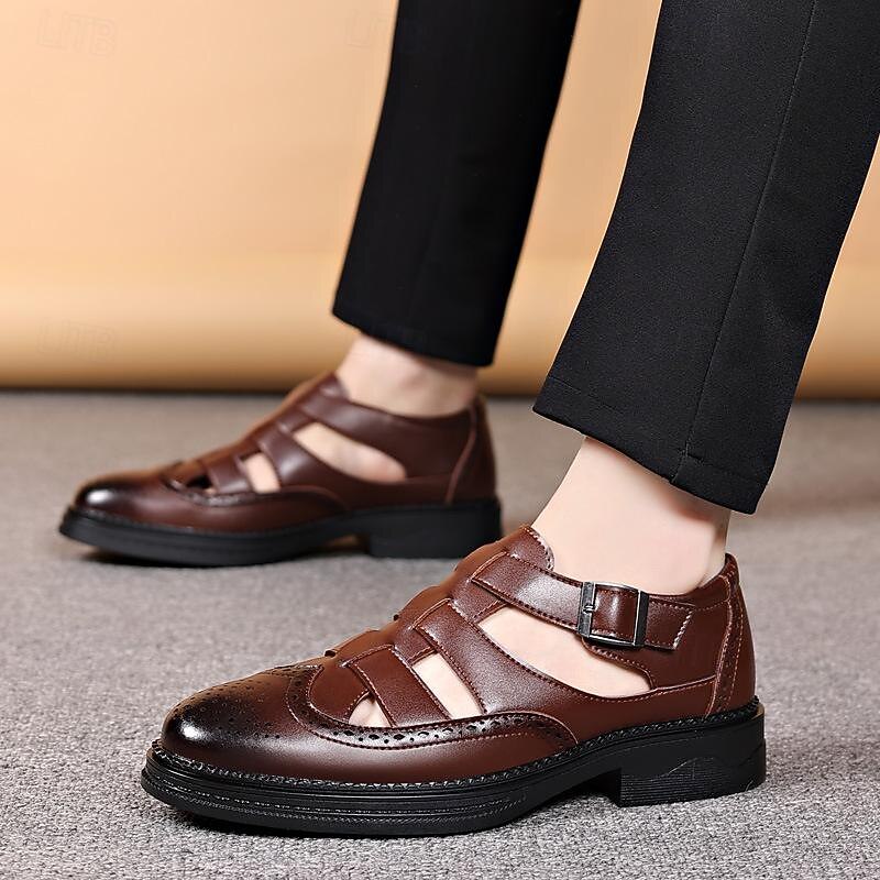 Men's Brown Leather Fisherman Sandals with Brogue Detailing, Breathable Cutout Summer Dress Shoes for Middle-Aged Professionals or Casual Beach Wear2