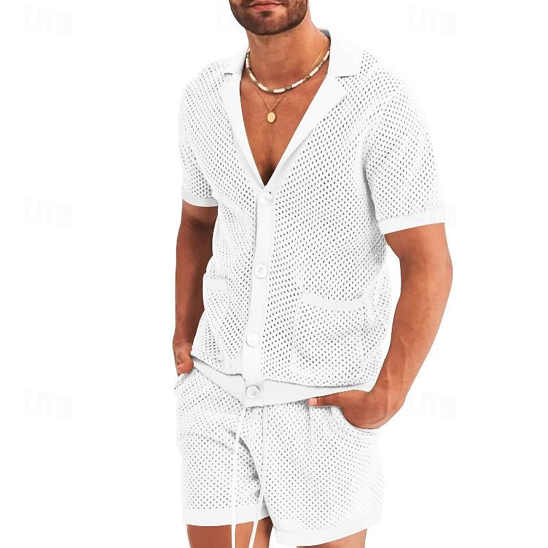 Men's Shirt Shirt Set Summer Shirt Casual Shirt Beach Shirt Button Up Shirt Black White Royal Blue Light Grey Light Blue Short Sleeve Plain Lapel Vacation Hawaiian Mesh Clothing Apparel Polyester2