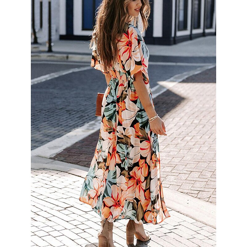 Women's Casual Dress Floral Split Print V Neck Long Dress Maxi Dress Vacation Short Sleeve Summer4