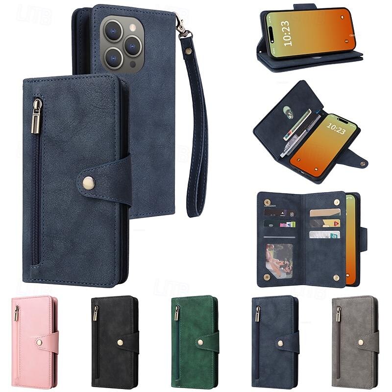 Phone Case For iPhone 17 Pro Max 17 Air 16 15 14 Pro Max Plus 13 12 11 Pro Max Mini Wallet Case Zipper with Wrist Strap Kickstand Retro TPU PU Leather