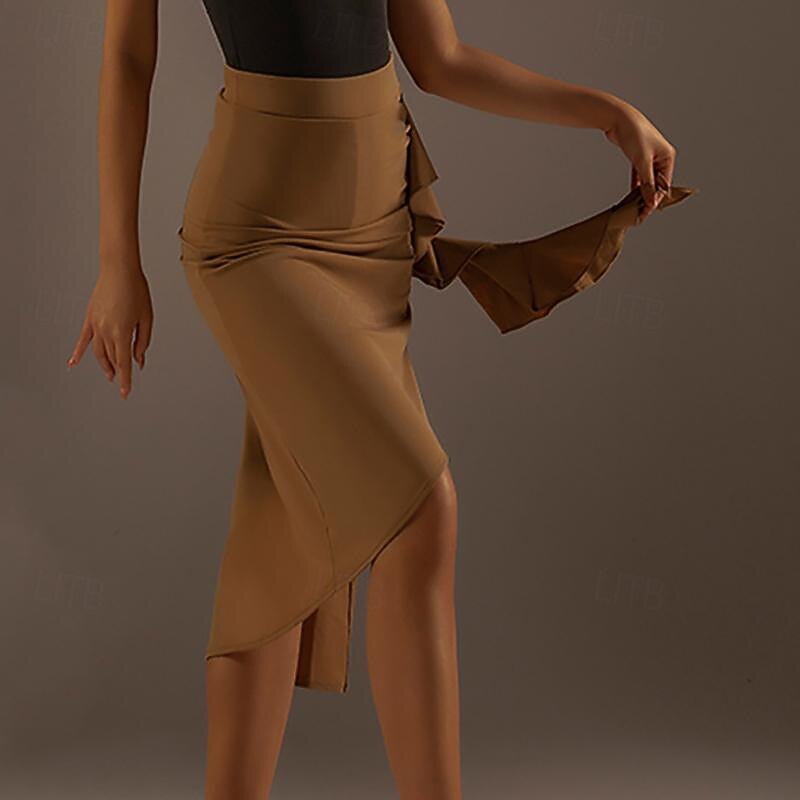 Latin Dance Ballroom Dance Skirts Ruffles Pure Color Splicing Women's Performance Training High Milk Fiber2