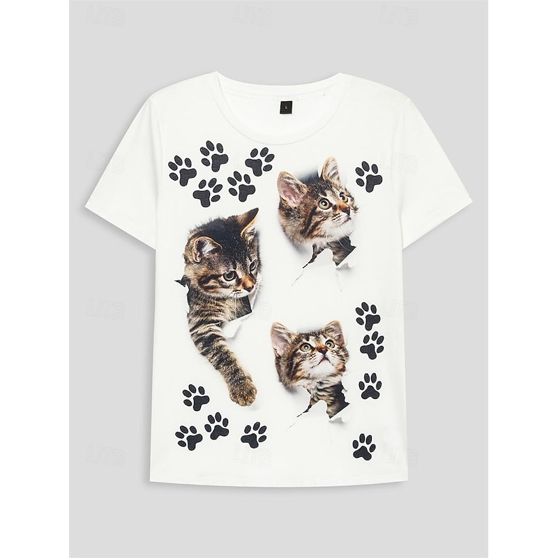 Women's T Shirt Basic Cat Print Short Sleeve Regular Tops Round Neck Casual Weekend White2