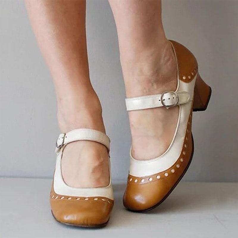 Women's Light Brown and White Mary Jane Heels with Decorative Buckle and Studded Detailing-Perfect for Vintage Gatsby-Inspired Events and Special Occasions